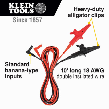Klein Tools Heavy-Duty Alligator Clip Test Leads, 10-Foot, Black, CAT III 1000V / IV 600V