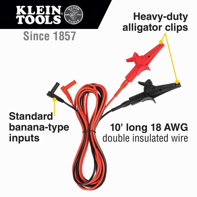 Klein Tools Heavy-Duty Alligator Clip Test Leads, 10-Foot, Black, CAT III 1000V / IV 600V