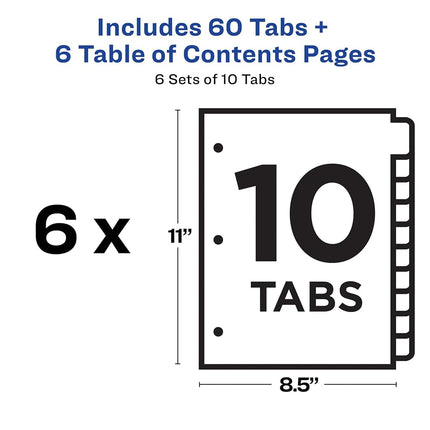 Avery 10 Tab Dividers for 3 Ring Binders, Customizable Table of Contents, Multicolor Tabs, 6 Sets (11188)