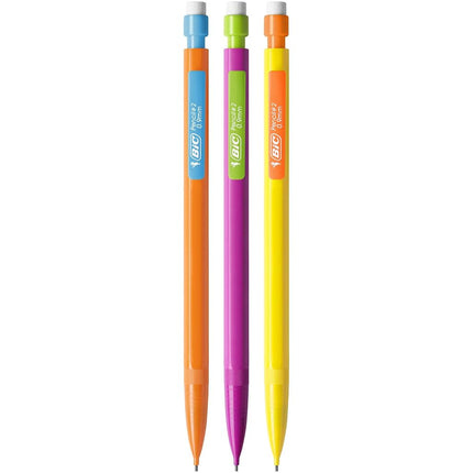 BIC Matic HB Mechanical Pencils and Eraser, Assorted Barrel Colours with Fine Point (0.9 mm), Pack of 12, Yellow,Orange,White,Pink