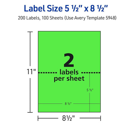 Avery Neon Shipping Labels for Laser Printers, 5-1/2" x 8-1/2", 200 Green Labels (5952)