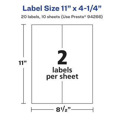 Avery Glossy White Rectangle Labels, 11" x 4.25", 20 Glossy White Labels, Permanent Label Adhesive, Laser/Inkjet Printable Labels