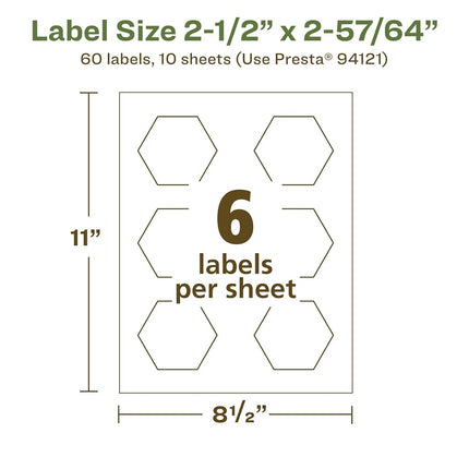 Avery EcoFriendly Matte White Recycled Hexagon Labels, 2-1/2" x 2-57/64", Print-to-The-Edge, Matte White Labels, Permanent Label Adhesive, Laser/Inkjet, 60 Printable Labels