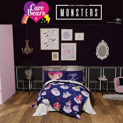 Franco Comforter and Sheet Set, Microfiber, Care Bears X Universal Monsters, 7 Piece Full Size