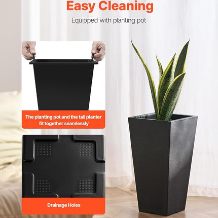 VEVOR Tall Planter, Set of 2 Tall Square Tapered Planters, 57 cm Large Modern Gardening and Flower Plastic Pots, Decorative Tall Black Planter with Drainage Hole, for Porch, Patio, Indoor & Outdoor