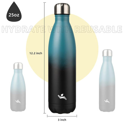 Bouteilles d'eau isolées Konokyo, gourde isotherme en acier inoxydable à double paroi de 750 ml pour le sport et les voyages, noir indigo