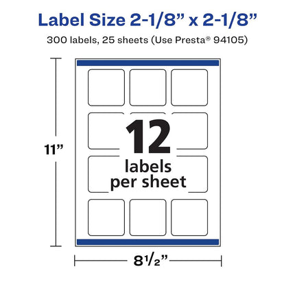 Avery Matte White Square Labels with Sure Feed, 2-1/8" x 2-1/8", 300 Matte White Printable Labels