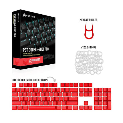 Kit de modification de touches Corsair PBT Double-Shot PRO – Touches PBT double injection – Rouge origine – Rangée inférieure standard – Surface texturée – Parois de 1,5 mm d'épaisseur – Amortisseurs toriques