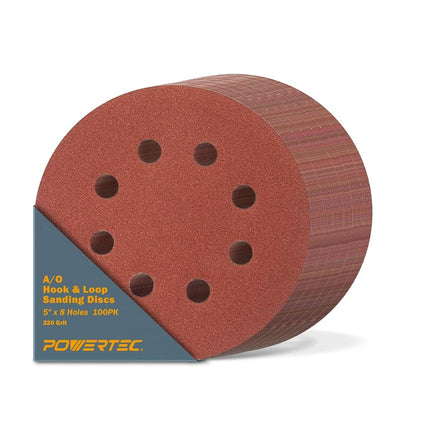 POWERTEC 100PK, 5 Inch 8 Hole Hook and Loop Sanding Discs, 320 Grit, Sandpaper for Random Orbital Sanders, 45032-P4