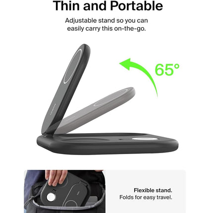 Belkin 3-in-1 MagSafe-Compatible iPhone Charger 15W, Foldable Magnetic Qi2-Certified Wireless Charging Station for iPhone 16, Apple Watch Series 10, AirPods 4, and More, w/Non-Slip Base & PSU - Black