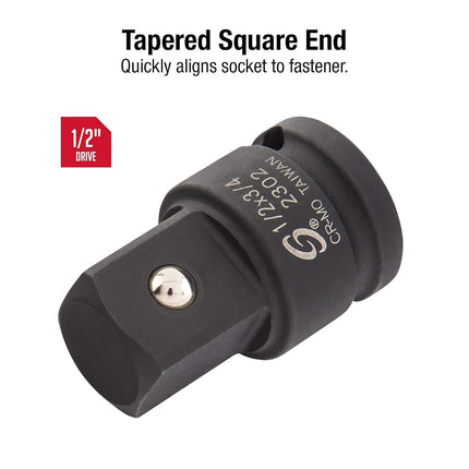 Sunex 2302, 1/2 Inch Drive, 1/2" Female x 3/4" Male Impact Adapter, Cr-Mo Steel, Ball Detent, Tapered Square End, Meets ANSI Standards