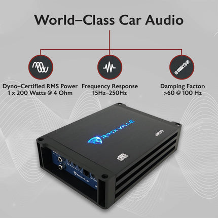 Rockville dB10 800W Mono 4-Ohm Car Amplifier, High-Speed MOSFET, Adjustable 12dB Crossover, LED, Remote Sub Control, Perfect for Car Audio and Subs