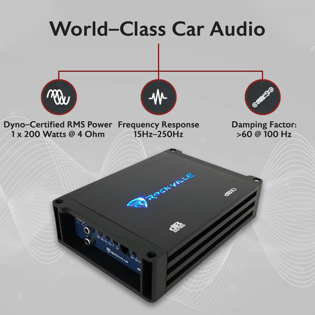 Rockville dB10 800W Mono 4-Ohm Car Amplifier, High-Speed MOSFET, Adjustable 12dB Crossover, LED, Remote Sub Control, Perfect for Car Audio and Subs