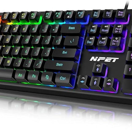 Teclado de juego con cable NPET K10, retroiluminación LED, diseño resistente a salpicaduras, teclas multimedia, teclado de membrana USB silencioso para escritorio, computadora, PC (negro)