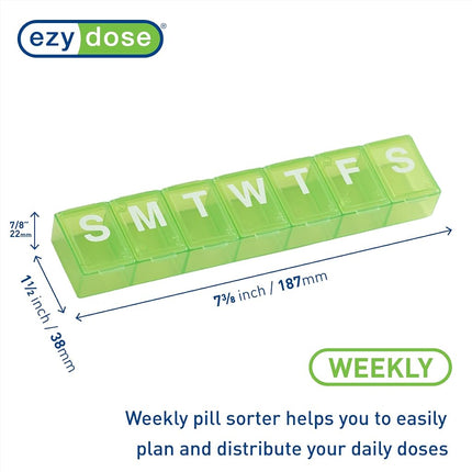 EZY DOSE Semainier (7 jours) Pilulier, Organisateur de médicaments, Boîte de rangement pour vitamines, Pratique et facile à utiliser, Compartiments extra-larges, Idéal pour les voyages, Vert, Sans BPA