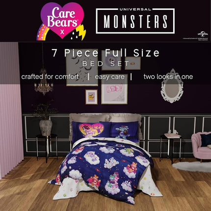 Franco Comforter and Sheet Set, Microfiber, Care Bears X Universal Monsters, 7 Piece Full Size