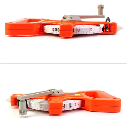 QWORK 1/2" x 100' Fiberglass Tape Measure, 2 Packs Engineer's Open Four-arm Frame Design Versatile Folding End Hook Reel Dual Sided Measure, Orange