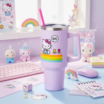Vaso de acero inoxidable de doble pared Silver Buffalo Sanrio Hello Kitty, diseño de flores de primavera y verano con rayas arcoíris, con asa y popote, cabe en portavasos estándar, 40 onzas
