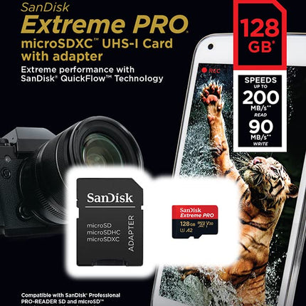 SanDisk 128GB Extreme PRO microSDXC card + SD adapter + RescuePro Deluxe, up to 200 MB/s, with A2 App Performance, for smartphones, action cameras or drones UHS-I Class 10 U3 V30