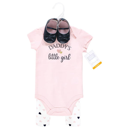 Hudson Baby Conjunto de body de algodón, pantalón y zapatos para bebé niña, Girl Daddy Rosa Azul Marino, 12-18 meses