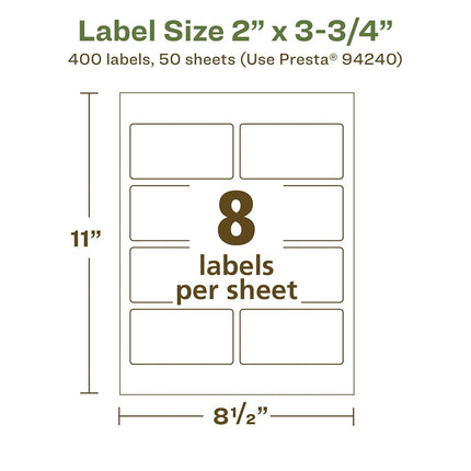 Avery EcoFriendly Matte White Recycled Rectangle Labels, 2" x 3.75", Print-to-The-Edge, Matte White Labels, Permanent Adhesive, Laser/Inkjet Printable, 400 Total