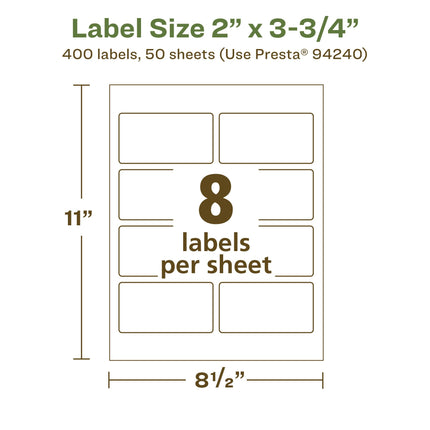 Avery EcoFriendly Matte White Recycled Rectangle Labels, 2" x 3.75", Print-to-The-Edge, Matte White Labels, Permanent Adhesive, Laser/Inkjet Printable, 400 Total
