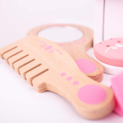 Bigjigs Toys Wooden Kids Vanity Case - 11 Piece Vanity Kit & Accessories with Pink Polka Dot Carry Bag, Ideal Pretend Play Toy & Gift for Girls