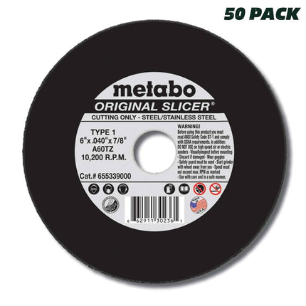 Metabo 655339000 50-Pack | 6-inch Original Slicer® Cutting Wheel | Type 1 | 6" x .040" x 7/8" | A60TZ | Aluminum Oxide | Very Fast & Flexible | Steel, Stainless Steel