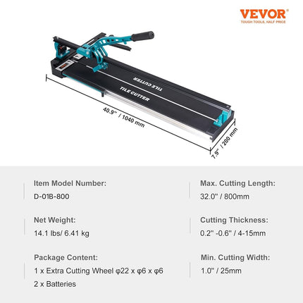 VEVOR Manual Tile Cutter, 800mm/32inch, Porcelain Ceramic Tile Cutter with Tungsten Carbide Cutting Wheel, Infrared Positioning, Anti-Skid Feet, Durable Rails for professional installers or beginners