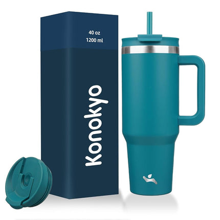 Vaso Konokyo de 40 oz con Asa y 2 Pajitas, Tapa 2 en 1, Botella de Agua Aislada de Acero Inoxidable, Taza de Café de Viaje, Día Noche