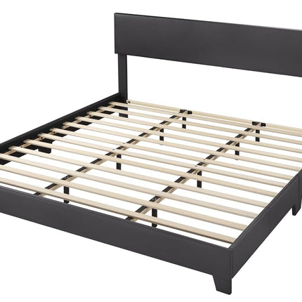 Allewie King Size Bed Frame with Adjustable Headboard, Faux Leather Platform Bed with Wood Slats, Heavy Duty Mattress Foundation, No Box Spring Needed, Noise-Free, Easy Assembly, Black