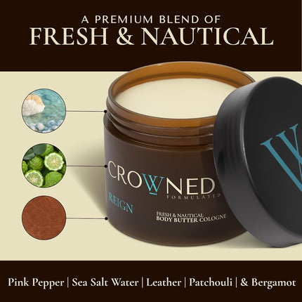 Crowned Skin Reign Body Butter Cologne for Men | Fresh & Nautical | As Seen On Shark Tank | Scented with Pink Pepper & Bergamot | Infused with Natural Shea & Mango Butters | All-Day Fragrance | 4.4oz