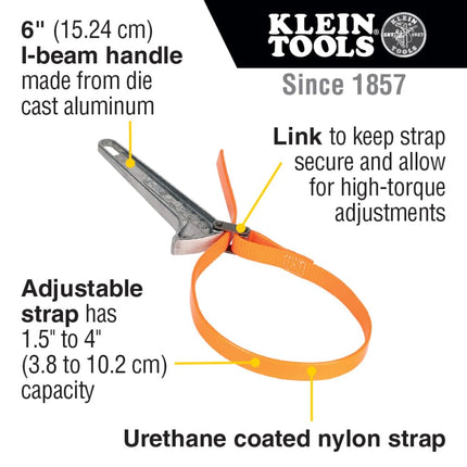 KLEIN TOOLS S6HB Strap Wrench, Adjustable Grip-It Strap Wrench Adjusts 1-1/2 to 4-Inch, 6-Inch Handle