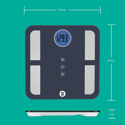 Weight Watchers Scales by Conair BathroomScale for BodyWeight,Glass Digital Scale,Body Analysis Measures Body Fat,Body Water,BMI,Bone Mass&Muscle for 4Users,Measures Weight up to 400Lbs in Black&Blue