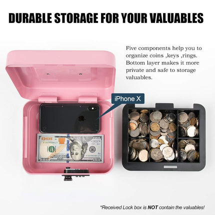 Kyodoled Medium Cash Box with Combination Lock Safe Metal Money Box with Money Tray for Security Lock Box 7.87x 6.30x 3.54Inch Pink Medium