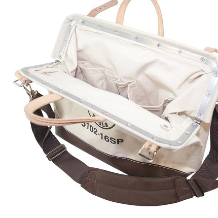 Klein Tools 5102-16SP Deluxe Canvas Tool Bag Made of Natural Canvas with 13 Interior Pockets and Detachable Shoulder Strap, 16-Inch
