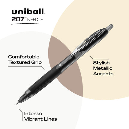 Bolígrafos de gel retráctiles uni-ball 207 Needle, punto mediano (0.7mm), negros, paquete de 12 unidades