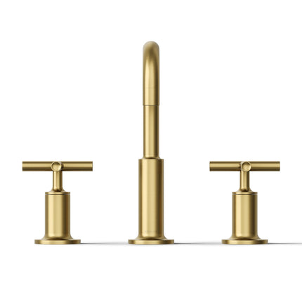 Grifo de lavabo de baño Purist KOHLER K-14406-3-2MB, manijas cruzadas bajas extendidas y caño de cuello de cisne bajo, latón moderno cepillado vibrante