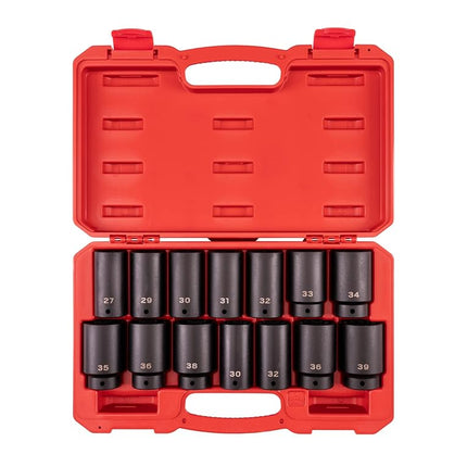 TEKTON 1/2 Inch Drive Deep 6-Point and 12-Point Axle Nut Impact Socket Set with Case, 14-Piece (27-39 mm) | SID92341