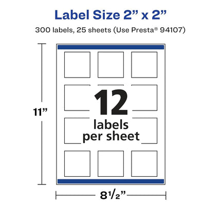 Avery® Glossy Clear Square Labels, Sure Feed® Technology, 2" x 2", 300 Glossy Clear Labels, Print-to-The-Edge, Laser/Inkjet Printable