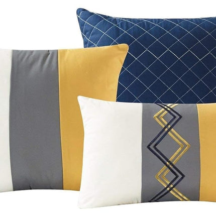Chezmoi Collection Arden 7-Piece Modern Pleated Stripe Embroidered Zigzag Bedding Comforter Set (California King, Navy/Gray/Yellow/White)