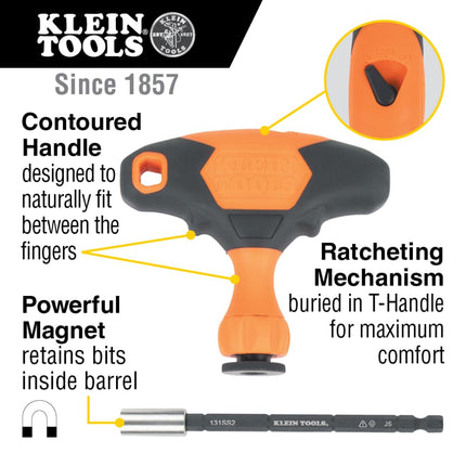KLEIN TOOLS 33804 Proflex Impact-Rated Interchangeable Ratcheting T-Handle Set, Torsion Zone, Magnetic Bit Holder, SAE, Metric, TORX, 23-Piece