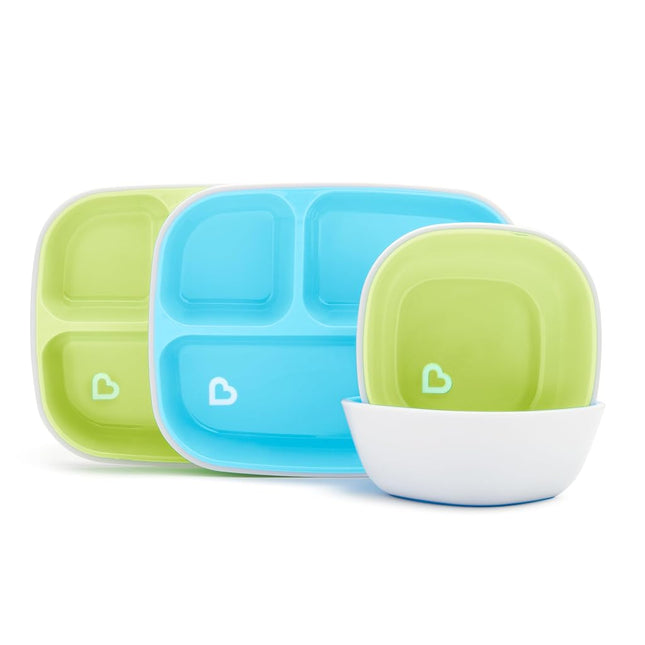 Munchkin Splash 4 Piece Toddler Divided Plate and Bowl Dining Set, Blue/Green