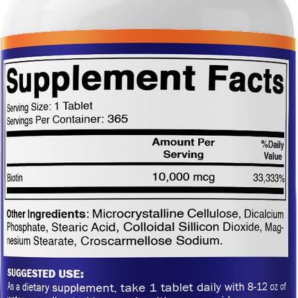 Vitamatic Biotin 10,000 mcg for Stronger Hair, Skin & Nails - 365 Vegan Tablets- Also Called Vitamin B7