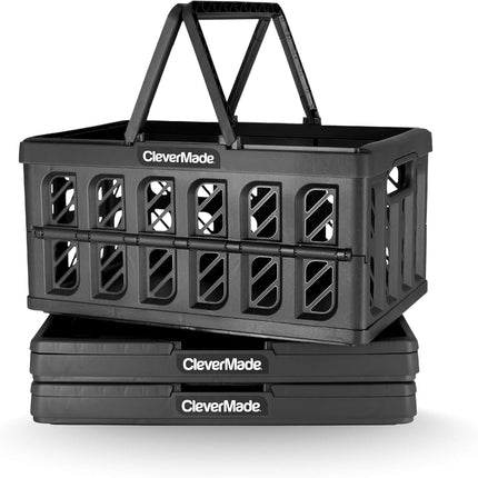 Panier de courses pliable CleverMade, Obsidienne, lot de 3 - 24 L (6 gal) Paniers de courses en plastique réutilisables, supporte 11,3 kg par panier - Petites caisses de rangement pliables avec poignées
