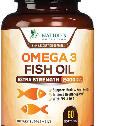 Omega 3 Fish Oil Supplements - 2400mg Fish Oil Per Serving - Triple Strength Omega-3 with EPA & DHA Fatty Acids - Natural Heart, Brain & Immune Support - Wild Caught, Bottled in USA - 60 Softgels