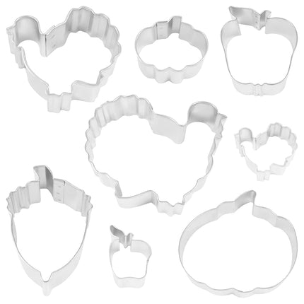 R&M International 1931 Thanksgiving Harvest Cookie Cutters, 2 Turkeys, 2 Pumpkins, 2 Apples, Acorn, Aspen Leaf, 8-Piece Set