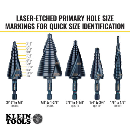 Klein Tools QRST14 Step Drill Bit, Quick Release, Spiral Double-Fluted, 3/16 to 7/8-Inch, Hex Shank, Cut Steel, Wood, Plastic, Aluminum