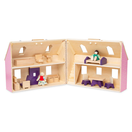 Melissa & Doug Casa de muñecas de madera plegable con 2 muñecas y muebles de madera, casa de muñecas pequeña portátil para niños a partir de 3 años