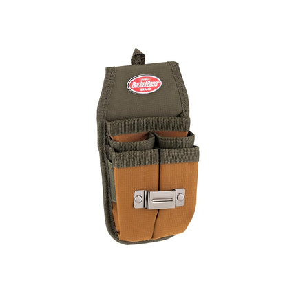 Bucket Boss Four-Barrel Tool Sheath with FlapFit to Fit Instantly Over a Belt or Into a Pants Pocket, with 5 Tool Pockets and 2 Loops, and Metal Tape Clip, in Brown, 54184